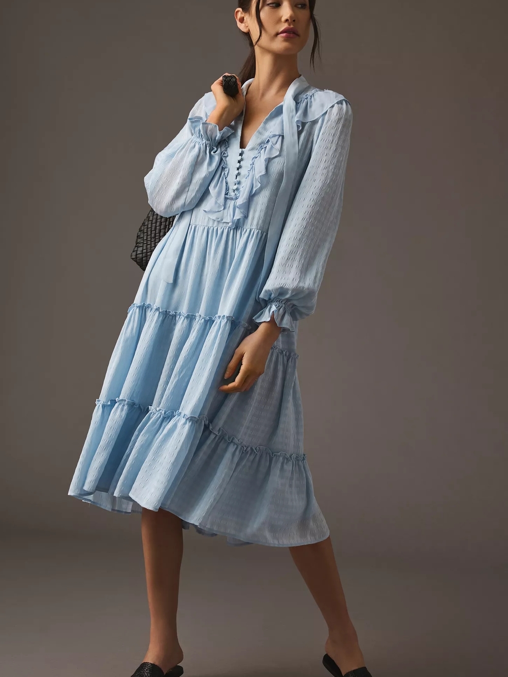By Anthropologie Light Blue Tiered Ruffle Midi Dress Tie Neck, Size Small